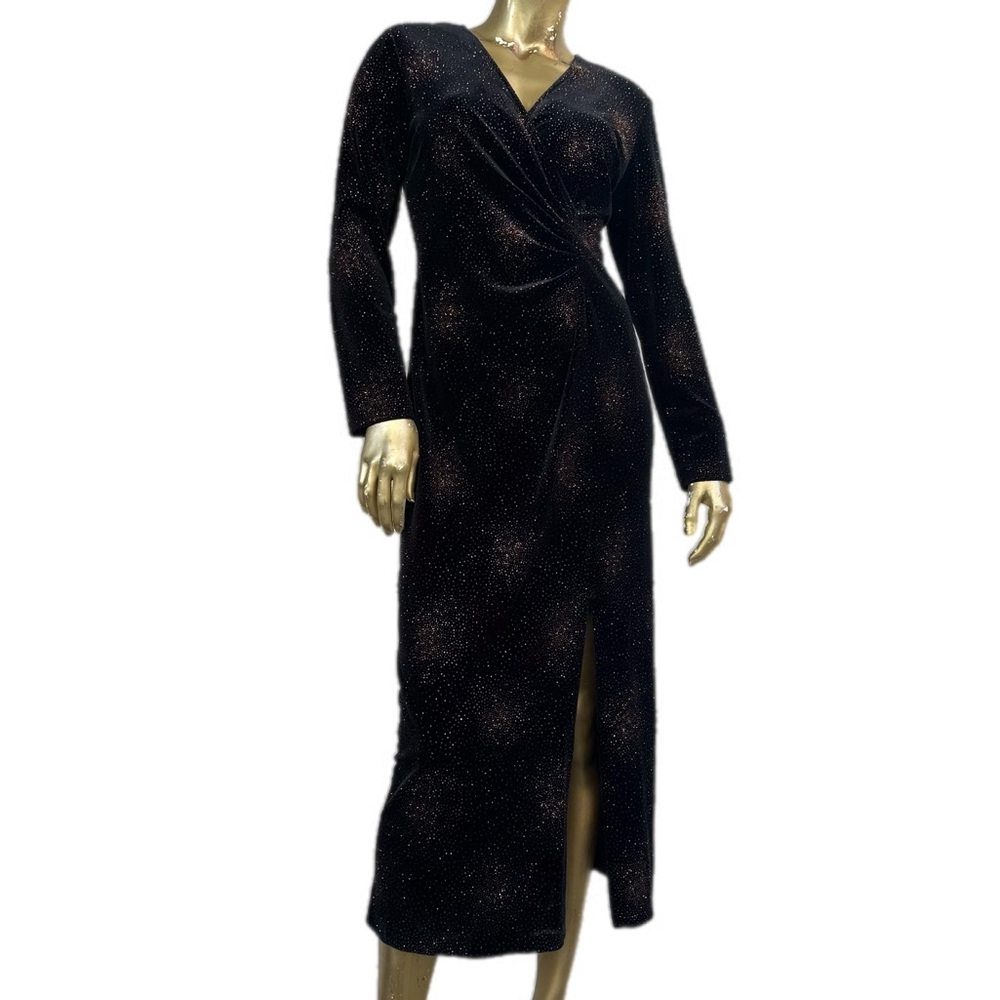 Y2K vintage Connected bodycon v-neck long sleeve midi sparkly velvet dress 8P